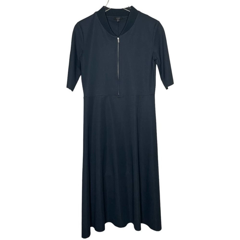 COS Navy Blue Stretch Jersey Knit Zip Front Minimalist Midi Flare Dress